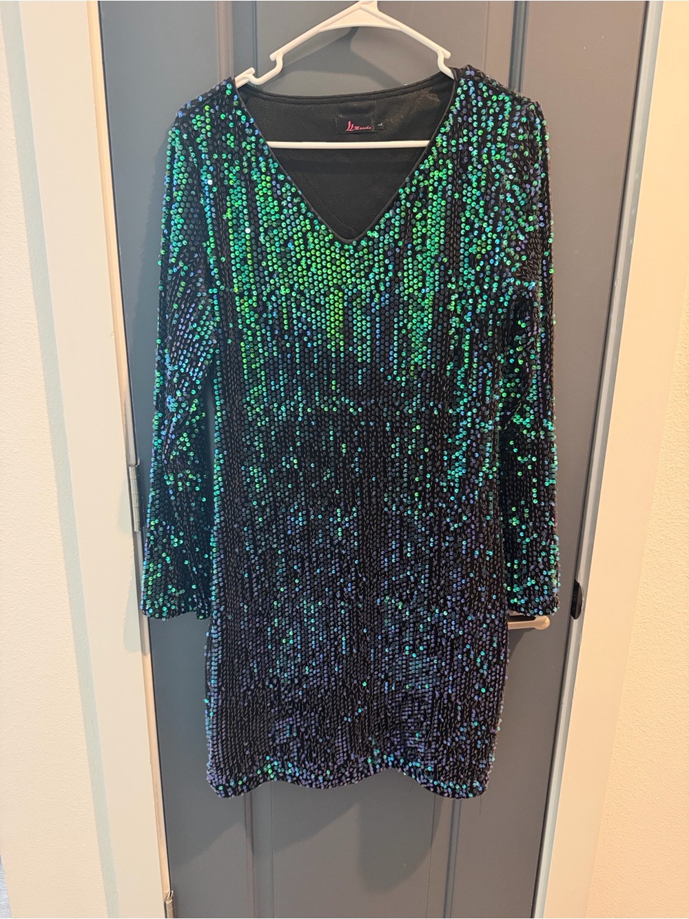 Sequin Long Sleeve V-Neck Dress in Green-Blue